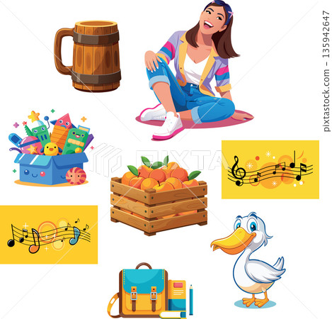 Girl laughing, wooden mug, toys, oranges, music notes, backpack and pelican Girl laughing, wooden mug, toys, oranges, music notes, backpack and pelican 135942647