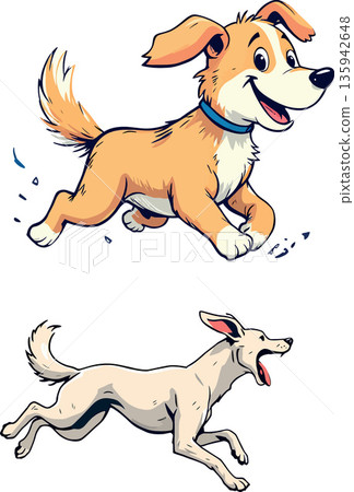 Two happy dogs running and having fun Two happy dogs running and having fun 135942648