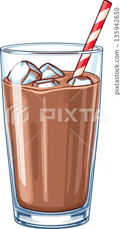 Iced chocolate drink with striped straw and ice cubes in glass 135942650