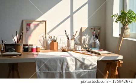 Modern luxury house interior featuring a wooden table with coffee in a glass, blending office design with vintage furniture and a kitchen sink 135942672