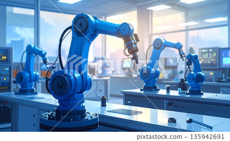 Modern industrial engineering utilizes a powerful steel machine and high-tech microscope equipment for precision research in a manufacturing laboratory Modern industrial engineering utilizes a powerful steel machine and high-tech microscope equipment for precision research in a manufacturing laboratory 135942691