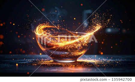A bright orange flame glows with intense heat and energy as a burning candle shines against the dark cosmos of a black background, creating a vibrant flare of light and motion A bright orange flame glows with intense heat and energy as a burning candle shines against the dark cosmos of a black background, creating a vibrant flare of light and motion 135942700