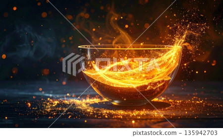 A bright orange flame glows with intense heat and energy as a burning candle shines against the dark cosmos of a black background, creating a vibrant flare of light and motion A bright orange flame glows with intense heat and energy as a burning candle shines against the dark cosmos of a black background, creating a vibrant flare of light and motion 135942703