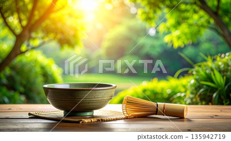 A steaming ceramic cup of healthy green tea sits on a brown wooden table next to an empty white china plate and a small kitchen spoon A steaming ceramic cup of healthy green tea sits on a brown wooden table next to an empty white china plate and a small kitchen spoon 135942719