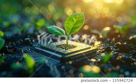 Macro closeup of a digital microchip processor and electronic components on a green computer circuit board motherboard representing advanced semiconductor hardware engineering and tech equipment 135942724
