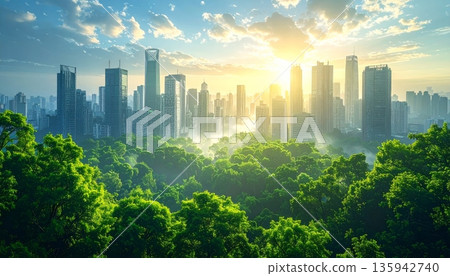 Panoramic cityscape featuring a sunrise and sunset glow over the downtown architecture and skyscrapers of a business district skyline in Hong Kong Asia 135942740