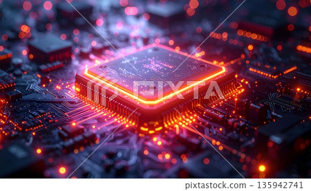A macro closeup of a digital processor chip mounted on a printed computer circuit board highlights the intricate electronic hardware and engineering of a modern motherboard 135942741
