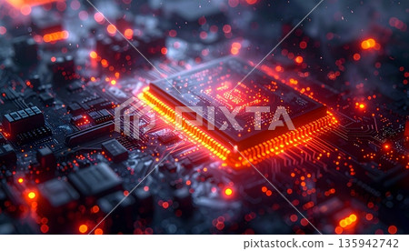 A macro closeup of a digital processor chip mounted on a printed computer circuit board highlights the intricate electronic hardware and engineering of a modern motherboard 135942742