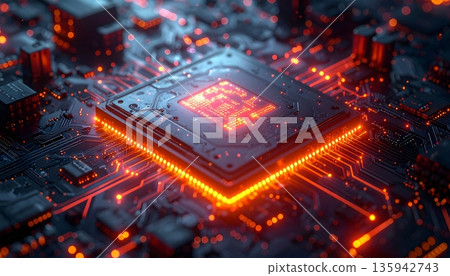 A macro closeup of a digital processor chip mounted on a printed computer circuit board highlights the intricate electronic hardware and engineering of a modern motherboard 135942743
