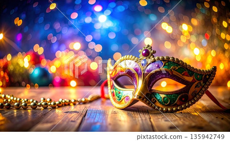 A colorful traditional Venetian carnival mask features gold art and a dragon design, perfect for a mysterious masquerade festival celebration in Venice, Italy A colorful traditional Venetian carnival mask features gold art and a dragon design, perfect for a mysterious masquerade festival celebration in Venice, Italy 135942749