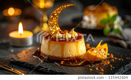 Warm burning candles in a wooden box glow with festive holiday light as a serene Christmas decoration and spiritual church ornament 135942804