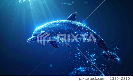 Marine life illustration of a blue dolphin swimming in the tropical ocean water near a coral reef with other aquatic animals and fish 135942810