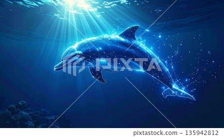Marine life illustration of a blue dolphin swimming in the tropical ocean water near a coral reef with other aquatic animals and fish 135942812