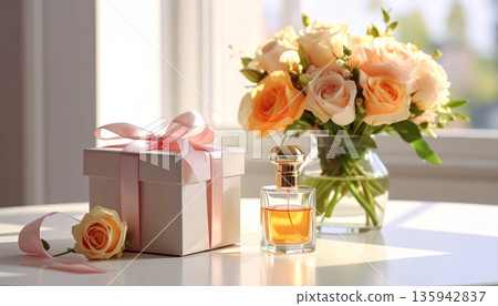 A beautiful pink tulip and rose flower bouquet in a glass vase with candles creates a romantic floral arrangement for a Valentine wedding celebration gift A beautiful pink tulip and rose flower bouquet in a glass vase with candles creates a romantic floral arrangement for a Valentine wedding celebration gift 135942837