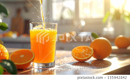 A tall glass of fresh orange juice sits isolated on a white background, offering a healthy citrus beverage filled with ripe fruit vitamins and juicy sweetness for a refreshing breakfast diet A tall glass of fresh orange juice sits isolated on a white background, offering a healthy citrus beverage filled with ripe fruit vitamins and juicy sweetness for a refreshing breakfast diet 135942842