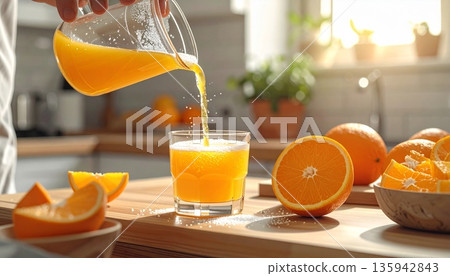 A tall glass of fresh orange juice sits isolated on a white background, offering a healthy citrus beverage filled with ripe fruit vitamins and juicy sweetness for a refreshing breakfast diet A tall glass of fresh orange juice sits isolated on a white background, offering a healthy citrus beverage filled with ripe fruit vitamins and juicy sweetness for a refreshing breakfast diet 135942843