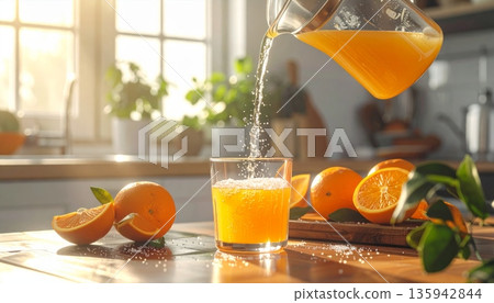 A tall glass of fresh orange juice sits isolated on a white background, offering a healthy citrus beverage filled with ripe fruit vitamins and juicy sweetness for a refreshing breakfast diet A tall glass of fresh orange juice sits isolated on a white background, offering a healthy citrus beverage filled with ripe fruit vitamins and juicy sweetness for a refreshing breakfast diet 135942844
