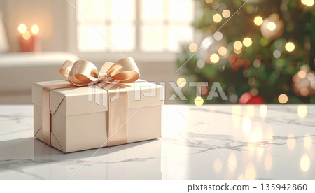 A festive red Christmas gift box with a golden ribbon bow sits as a decorative holiday surprise on a rustic wooden table background for a New Year celebration 135942860