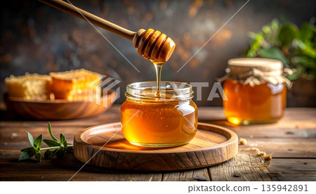 Fresh golden organic honey in a glass jar served with a wooden dipper and yellow flowers makes a delicious healthy sweet dessert ingredient isolated on a white background Fresh golden organic honey in a glass jar served with a wooden dipper and yellow flowers makes a delicious healthy sweet dessert ingredient isolated on a white background 135942891