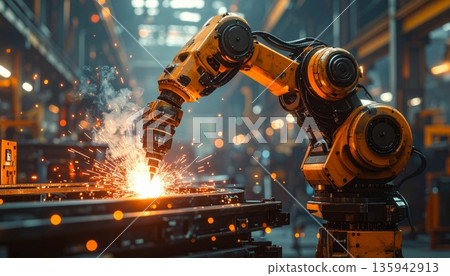 Industrial metal worker welding steel equipment in a powerful display of machine art and design Industrial metal worker welding steel equipment in a powerful display of machine art and design 135942913