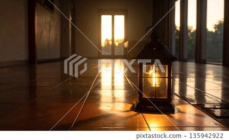 A warm Christmas lantern and glowing candle light illuminate a dark room featuring an old wooden table and holiday tree decoration during a cozy winter evening at home A warm Christmas lantern and glowing candle light illuminate a dark room featuring an old wooden table and holiday tree decoration during a cozy winter evening at home 135942922