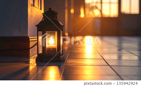 A warm Christmas lantern and glowing candle light illuminate a dark room featuring an old wooden table and holiday tree decoration during a cozy winter evening at home 135942924