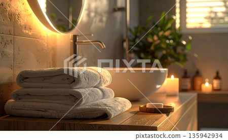 A luxury spa and wellness setting featuring a clean still life on a wood table within a light, modern bathroom interior designed for a high-end hotel or apartment 135942934