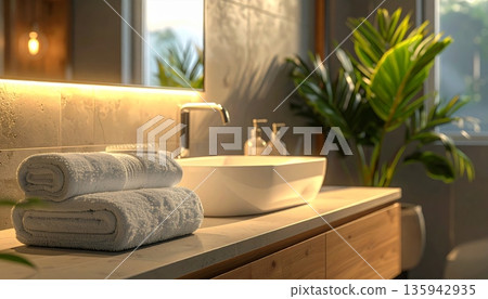 A luxury spa and wellness setting featuring a clean still life on a wood table within a light, modern bathroom interior designed for a high-end hotel or apartment 135942935