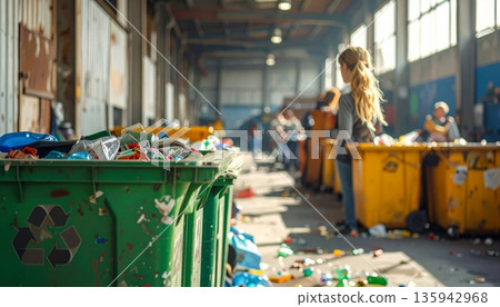 An industrial blue plastic recycling bin sits inside a large metal warehouse building near a factory waste container to protect the green environment from rubbish An industrial blue plastic recycling bin sits inside a large metal warehouse building near a factory waste container to protect the green environment from rubbish 135942968