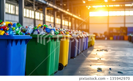 An industrial blue plastic recycling bin sits inside a large metal warehouse building near a factory waste container to protect the green environment from rubbish 135942970