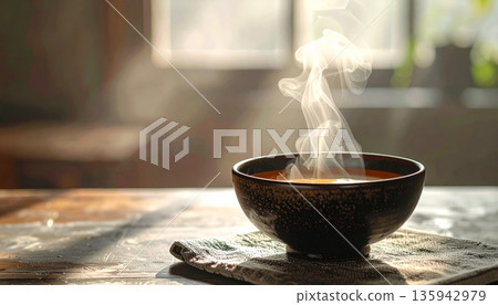 A warm flame glows from a ceramic bowl of burning incense on a wooden table alongside a white porcelain tea cup and a light candle in a buddhist temple A warm flame glows from a ceramic bowl of burning incense on a wooden table alongside a white porcelain tea cup and a light candle in a buddhist temple 135942979
