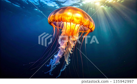 A translucent orange jellyfish with long tentacles swims through the deep blue ocean water, capturing the serene beauty of marine life in its natural underwater habitat 135942997