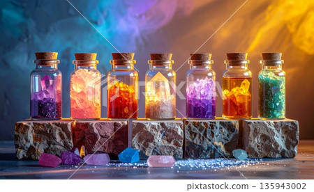 Vibrant glass perfume bottles and herbal spice jars filled with colorful seasoning ingredients like red pepper and green tea are isolated against a sleek black background Vibrant glass perfume bottles and herbal spice jars filled with colorful seasoning ingredients like red pepper and green tea are isolated against a sleek black background 135943002