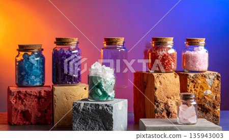 Vibrant glass perfume bottles and herbal spice jars filled with colorful seasoning ingredients like red pepper and green tea are isolated against a sleek black background Vibrant glass perfume bottles and herbal spice jars filled with colorful seasoning ingredients like red pepper and green tea are isolated against a sleek black background 135943003