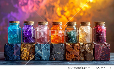 Vibrant glass perfume bottles and herbal spice jars filled with colorful seasoning ingredients like red pepper and green tea are isolated against a sleek black background Vibrant glass perfume bottles and herbal spice jars filled with colorful seasoning ingredients like red pepper and green tea are isolated against a sleek black background 135943007