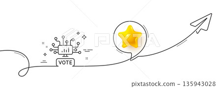 Online Voting line icon. Continuous line with share plane. Internet vote sign. Web election symbol. 3d star in speech bubble. Online Voting single line ribbon. Loop curve pattern. Vector Online Voting line icon. Continuous line with share plane. Internet vote sign. Web election symbol. 3d star in speech bubble. Online Voting single line ribbon. Loop curve pattern. Vector 135943028