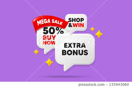 Extra bonus speech bubbles. Mega sale flag ribbon. Extra bonus offer tag. Special gift promo sign. Sale promotion symbol. Discount chat bubbles with 3d sparkles. Vector 135943060