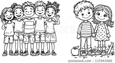 Happy children embracing friendship and education in black and white illustration 135943066
