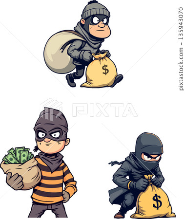 Cartoon thieves escaping with stolen money bags Cartoon thieves escaping with stolen money bags 135943070
