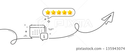 Calendar info line icon. Continuous line with share plane. Annual planner sign. Event schedule symbol. Five star rate review in speech bubble. Calendar single line ribbon. Loop curve pattern. Vector Calendar info line icon. Continuous line with share plane. Annual planner sign. Event schedule symbol. Five star rate review in speech bubble. Calendar single line ribbon. Loop curve pattern. Vector 135943074