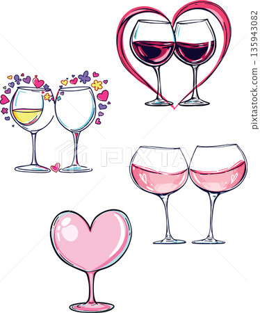 Romantic wine glass illustrations with heart motifs Romantic wine glass illustrations with heart motifs 135943082