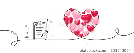Vaccine report line icon. Continuous line big heart. Vaccination syringe sign. Injection schedule symbol. 3d hearts in heart shaped loop. Vaccine report single line ribbon. Loop curve pattern. Vector Vaccine report line icon. Continuous line big heart. Vaccination syringe sign. Injection schedule symbol. 3d hearts in heart shaped loop. Vaccine report single line ribbon. Loop curve pattern. Vector 135943094