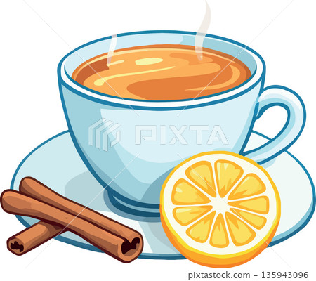 Steaming cup of tea with lemon and cinnamon sticks 135943096