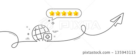 World medicine line icon. Continuous line with share plane. Medical help sign. Pharmacy medication symbol. Five star rate review in speech bubble. World medicine single line ribbon. Vector 135943115