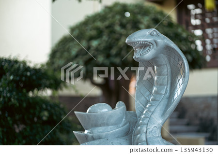 Gray stone cobra statue with open mouth in garden setting, Marble cobra sculpture guarding bonsai tree base Gray stone cobra statue with open mouth in garden setting, Marble cobra sculpture guarding bonsai tree base 135943130