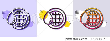 World water line icon. Halftone dotted pattern. Gradient icon with grain shadow. Clean aqua drop sign. Liquid symbol. Line world water icon. Various designs. Vector 135943142