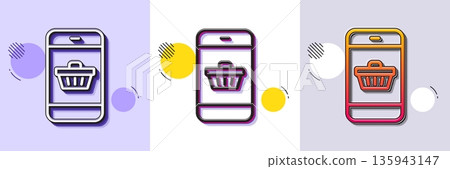 Mobile Shopping cart line icon. Halftone dotted pattern. Gradient icon with grain shadow. Smartphone Online buying sign. Supermarket basket symbol. Line smartphone buying icon. Various designs. Vector 135943147