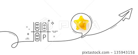 Parking place line icon. Continuous line with share plane. Car park sign. Transport symbol. 3d star in speech bubble. Parking place single line ribbon. Loop curve pattern. Vector 135943158