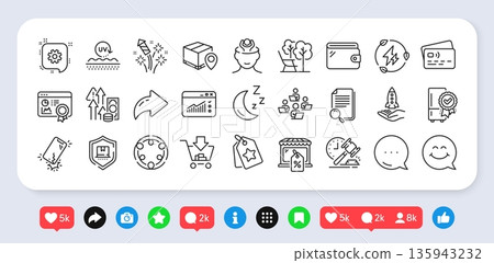 Crowdfunding, Wallet and Search file line icons pack. Social media: share, comment, like icons. Seo certificate, Smile face, Deckchair web icon. Vector 135943232