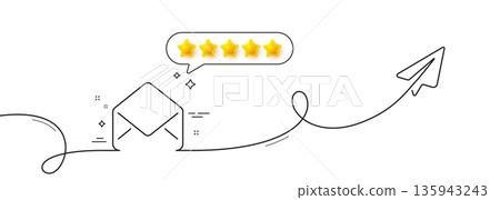 Mail line icon. Continuous line with share plane. Message correspondence sign. E-mail symbol. Five star rate review in speech bubble. Mail single line ribbon. Loop curve pattern. Vector Mail line icon. Continuous line with share plane. Message correspondence sign. E-mail symbol. Five star rate review in speech bubble. Mail single line ribbon. Loop curve pattern. Vector 135943243
